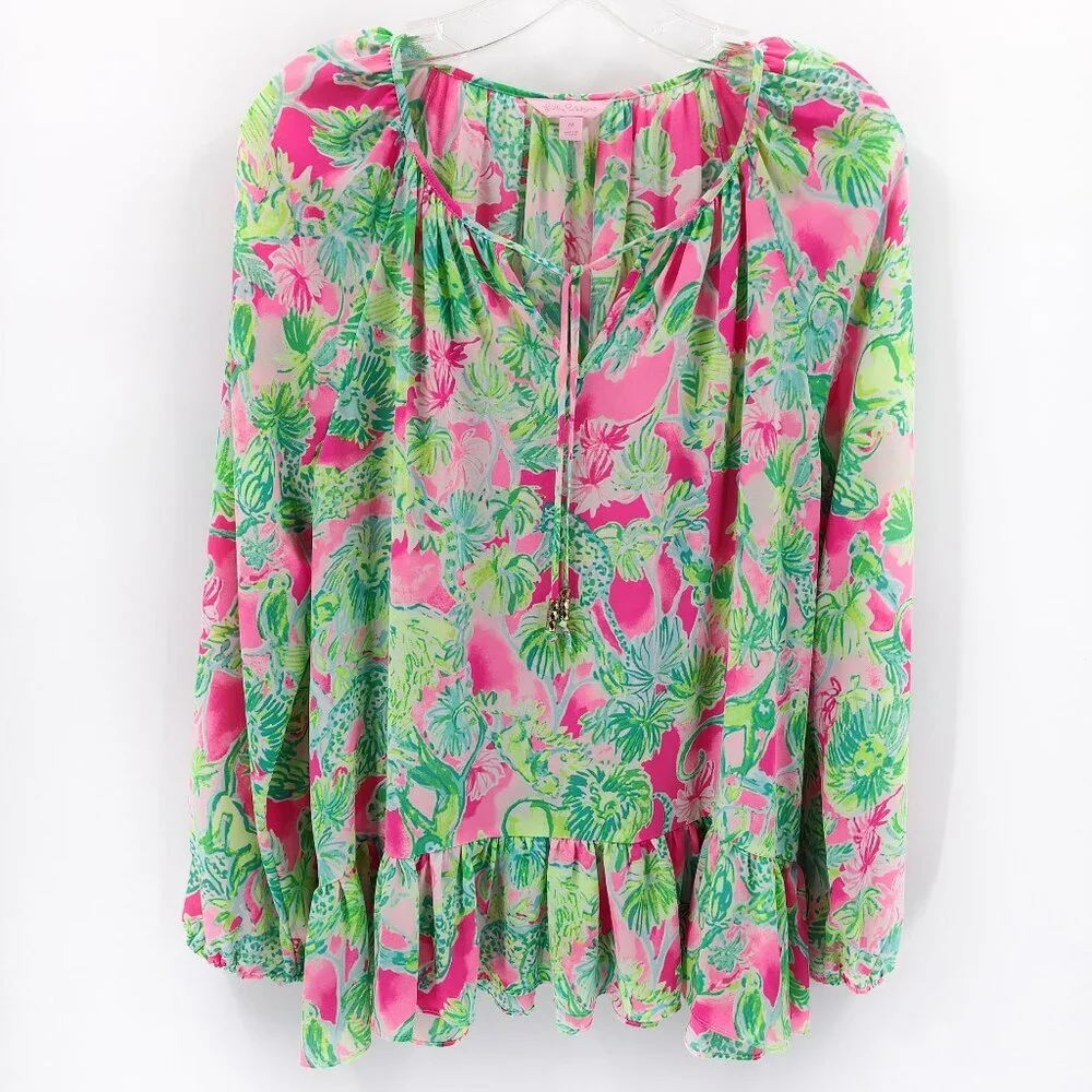 LILLY PULITZER Tensley Top Catty Shack Raz Berry Blouse Pink Green - Picture 2 of 4